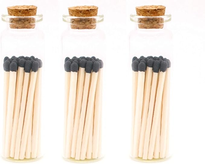 River Birch Decorative Matches in a Bottle with Striker - Cute & Colored Matches - 3 Bottles, Black Tip, 60 Matches