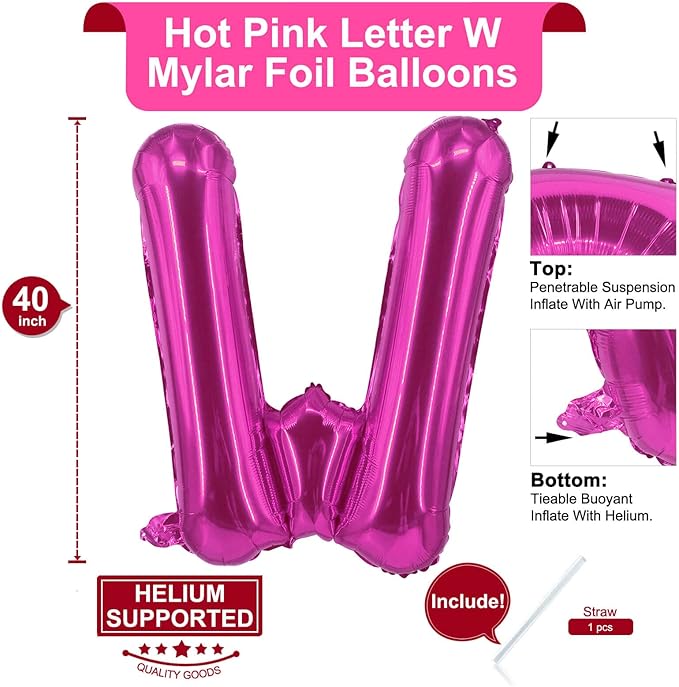 Lovoir 40 Inch Large Hot Pink Letter W Balloons Big Size Jumbo Mylar Foil Helium Balloon for Birthday Party Celebration Decorations Alphabet Hot Pink W