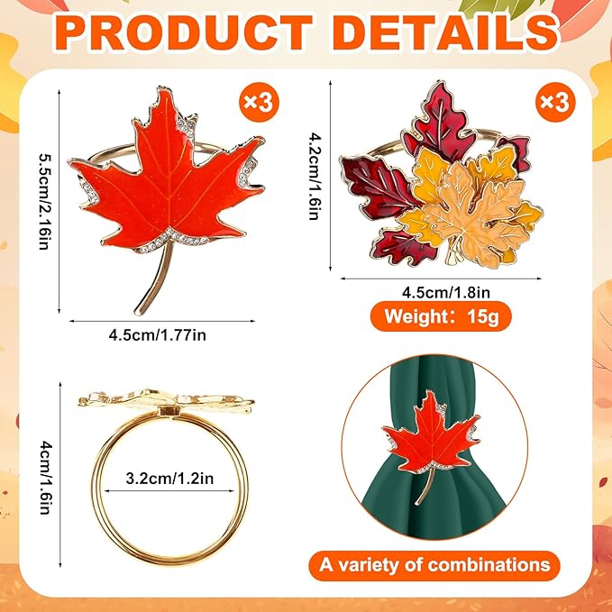12 Pcs Fall Thanksgiving Cloth Napkin and Maple Leaves Napkin Ring Holder Buckles with Rhinestones Set for Harvest Season Thanksgiving Autumn Party Table Decorations (6 Colors)