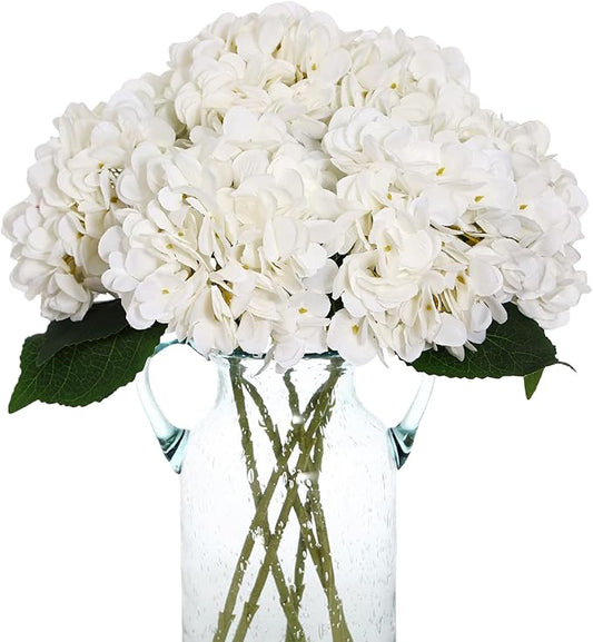 Kimura's Cabin 6pcs Faux White Hydrangeas Fake Flowers Artificial Silk Hydrangea Flower With Stems Bouquets Arrangement for Home Table Centerpieces Wedding Baby Shower Birthday Party Decoration(White)