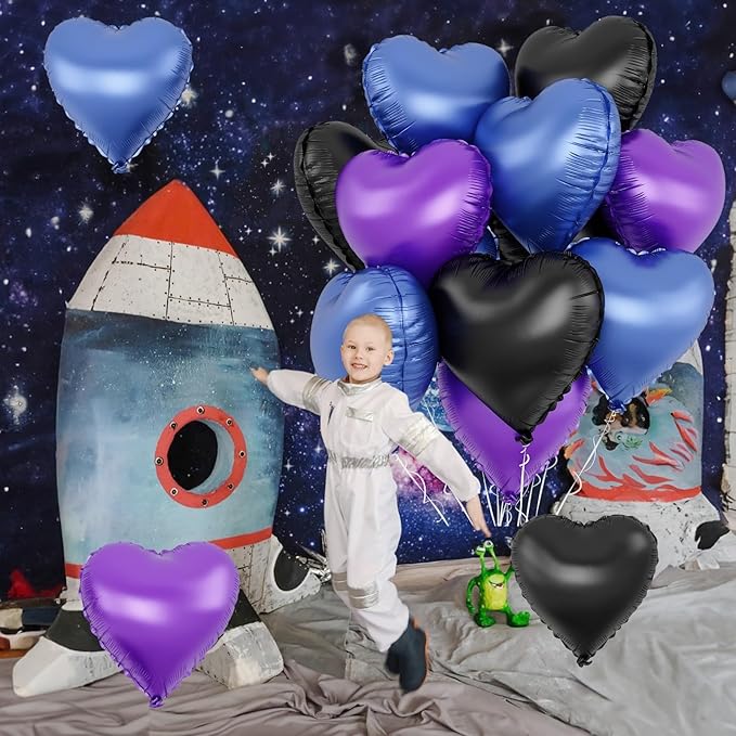Blue Purple Heart Balloons, 12Pcs 18 Inch Metallic Blue Purple Black Heart Shape Foil Helium Large Balloons for Cartoon Kid Birthday Outer Space Astronaut Theme Baby Shower Video Game Party Decoration