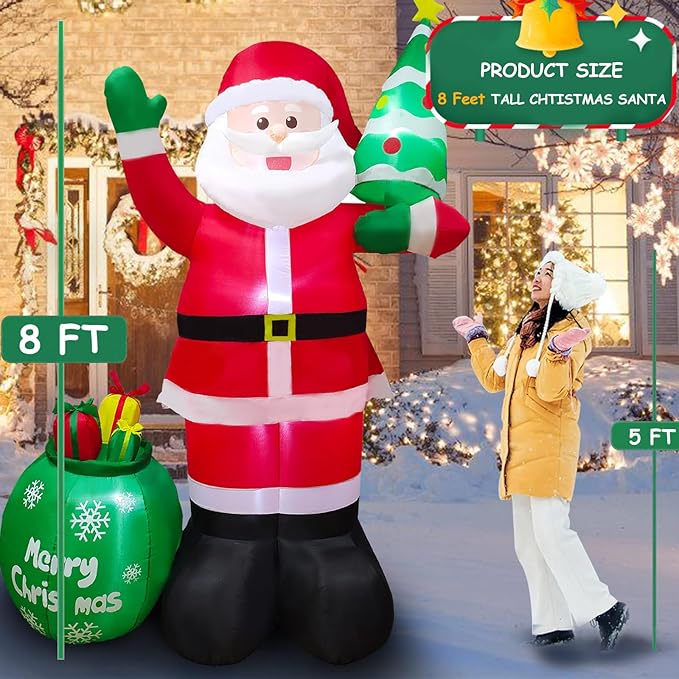 8FT Christmas Inflatables Santa Claus with Christmas Tree ＆ Gift Bag Christmas Blow up Decoration with Built-in 6 LED Lights Large Xmas Blow up Santa Claus for Yard Party, Xmas New Year Kids Gifts