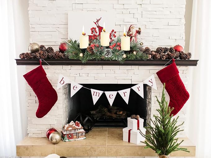 DearHouse Christmas Candle Holder Centerpiece, Pine Cones and Red Gold Berry Table Centerpiece with 3 Candle Holders Table Accent Centerpiece for Festival Home Decoration22 x10 x5(L x W x H)