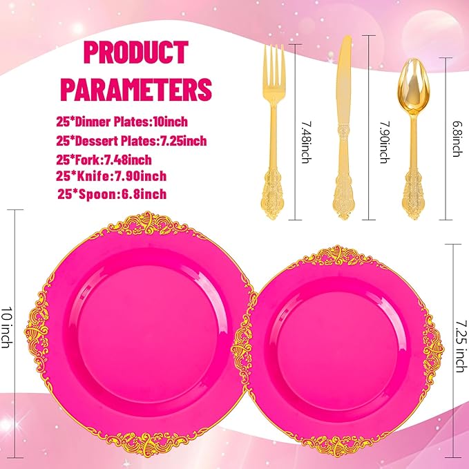 125PCS Hot Pink Plastic Plates - Pink Disposable Plate - Elegant Party Plates with Gold Plastic Silverware Sets for 25 Guests for Party & Birthday & Baby Shower