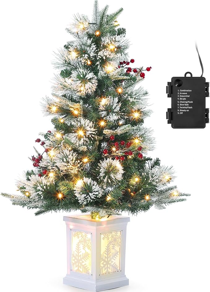 3 ft Prelit Premium Snow Flocked Artificial Christmas Tree with 8 Mode Warm White Led, Mini Prelit Xmas Pine Tree for Christmas Decoration,Yard,Home,Office,Outdoor,Indoor