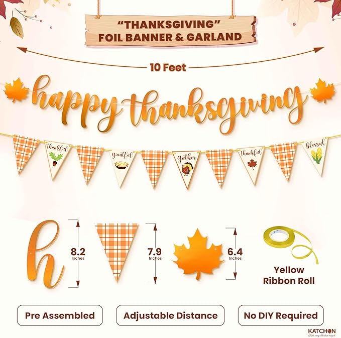 KatchOn, Happy Thanksgiving Banner with LED Light - 10 Feet, No DIY | Lighted Thanksgiving Decorations Indoor, Outdoor, Fall Maple Leaf Garland for Harvest Decorations | Turkey Decor, Wall Decoration