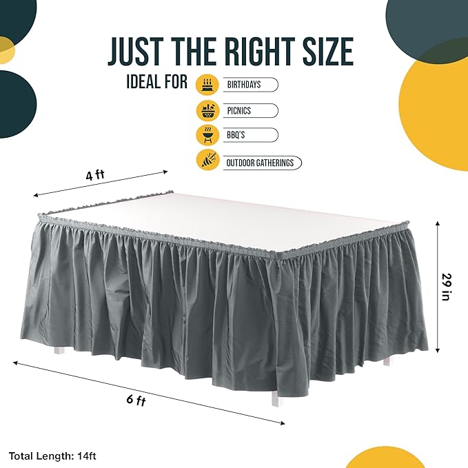 Exquisite Ruffle Table Skirt Silver 6 Pack 14 Ft Long for Rectangle 6ft Plus or Round Tables With Adhesive Strip for Gender Reveal Decor & Happy Birthday Parties