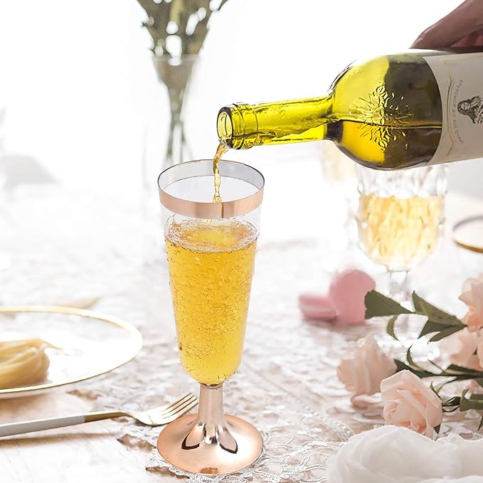 I00000 50 Pack Rose Gold Plastic Champagne Flutes, 5 Oz Fancy Rose Gold Champagne Glasses Plastic Classicware Toasting Glasses Disposable Party Cocktail Cups for Wedding & Party