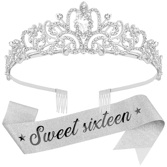 Sweet 16 Birthday Crown and Sash for Girls, Sweet 16th Sashes and Tiara Set, 16th Birthday Party Decorations for Women Accessories Gifts for Girl