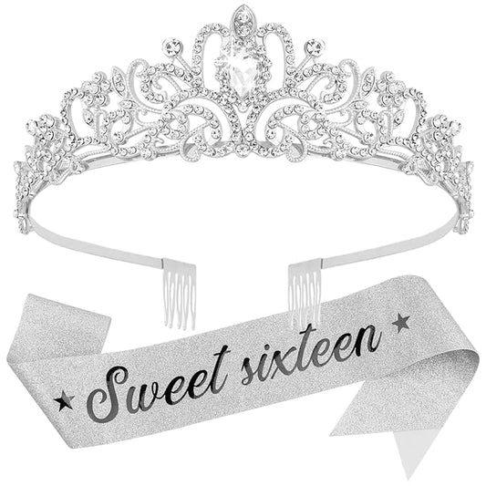 Sweet 16 Birthday Crown and Sash for Girls, Sweet 16th Sashes and Tiara Set, 16th Birthday Party Decorations for Women Accessories Gifts for Girl