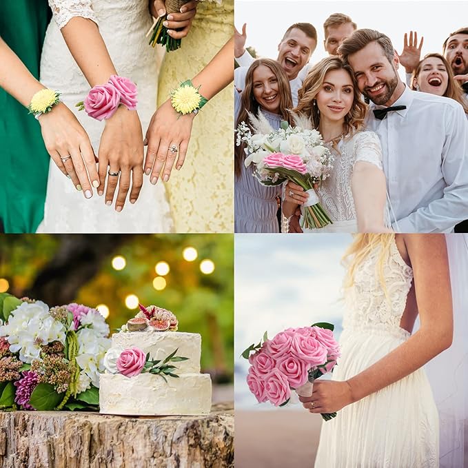 JOYLEX Artificial Flowers Realistic Roses, 50pcs Real Looking Fake Roses with Stem for DIY Wedding Bouquets Centerpieces Bridal Shower Party Home Romantic Decorations (Dark Pink)