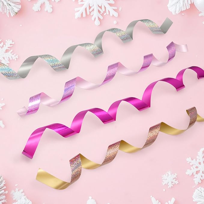 4 Rolls Wrapping Shiny Waterproof Ribbon for Christmas, 50 Yards Curling Plastic Ribbon for Gifts Package Wrapping, Bows, Festival Craft Party Decor(Purple, Pink, Rose Gold, Silver,1 Inch)