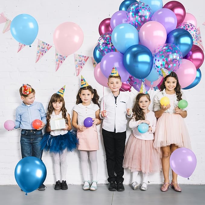 Pink and Blue Balloons,12 Inch Metallic Maca Blue Pink Purple with Pink Blue Confetti Balloon for Gender Reveal Birthday Baby Shower Summer Hawaiian Theme Party Decorations