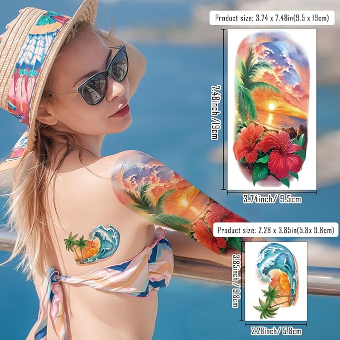 77 Sheets Temporary Tattoo for Women and Men, 17 Sheets Half Arm Beach Flower Skull Sunset Fake Tattoos, 60 Sheets Holiday Ocean Tiny for Adults Kids Body Tattoos Stickers Waterproof Realistic