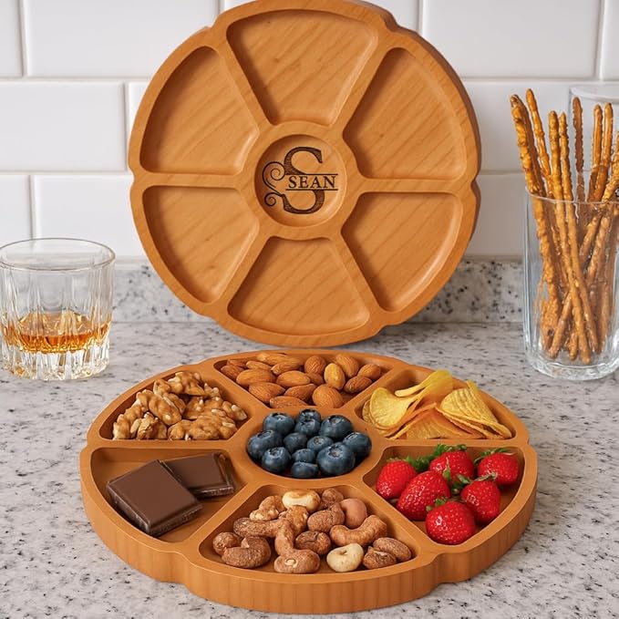 Custom Engraved Bamboo 11" Serving Tray – Personalized 7-Divided Flower Petal Platter, Perfect for Snacks, Appetizers, Charcuterie, Parties, Weddings, Housewarming, and Entertaining Gifts