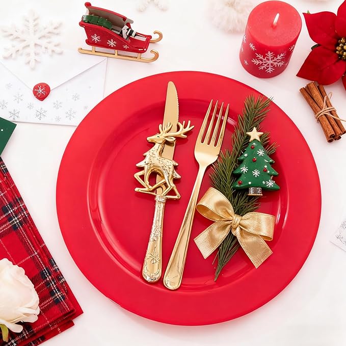 MENDENG 50PCS Red Plastic Plates for Party, 25x10.25 Dinner Plates & 25x7.5 Dessert Plates, Heavy Duty Disposable Plastic Plates for Party Birthday Christmas New Year