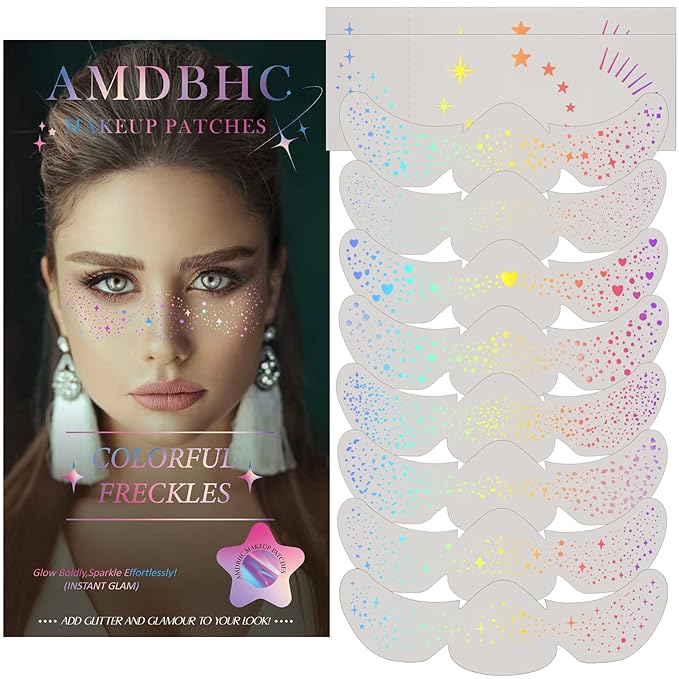 16 Pcs Glitter Freckles Face Tattoo, Holographic Sparkle Makeup Patches, Glitter Speckles Temporary Tattoos for Women, Kids, Concert, Festival, Carnival Party, Rave Accessories(10 Sheet)