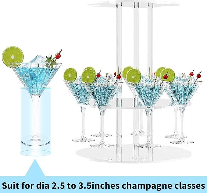 Champagne Tower, Circle Acrylic Drink Tower and Cocktail Tree Stand, Wine Rack with 12 Slots, 2 Tiers Floating Sight Champagne Flute Holder for Party, Wedding, School, Celebration, 11.8x11.8x14.9 inch, 2Pcs