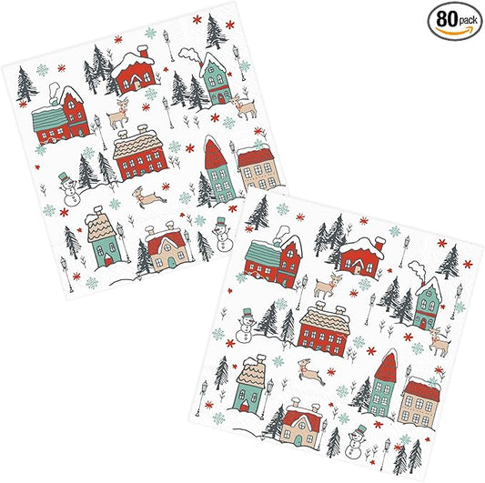 Christmas Paper Napkins Snow, House, Street 80 Pieces Party Disposable Dinner Paper Napkins for Christmas, Happy New Year