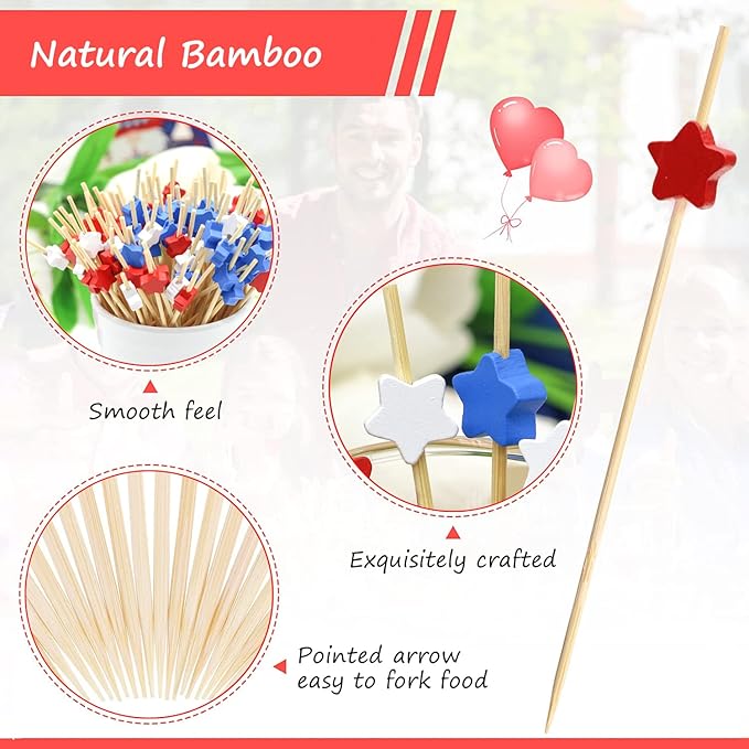 100pcs Red White Blue Star Cocktail Picks Fruit Sticks Food Toothpicks Sandwich Charcuterie Appetizer Skewers, Handmade of Bamboo Wood, for Fourth of July Independence Day Decoration Party Supplies