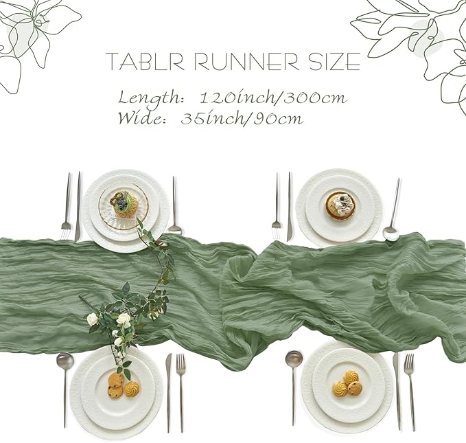 IVAPUPU 1 Pcs Cheesecloth Table Runner - 10ft Sage Green Boho Gauze Cheese Cloth Table Runners for Baby Shower Decoration Wedding Party Summer Garden Farmhouse