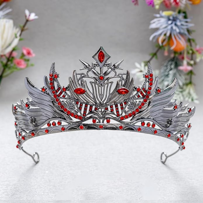 Gothic Red Crystal Flame Wing Tiara Crown for Women Girls, Halloween Cosplay Dark Queen Headpiece, Vintage Rhinestone Headband for Masquerade Party Wedding Prom Stage Accessories