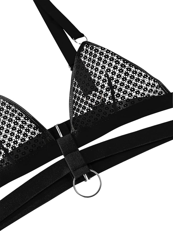 Lilosy Sexy Wireless Choker O Ring Linked Strappy Harness Lingerie Set Outfits 3 Piece