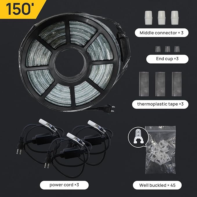 150ft Outdoor LED Rope Lights 1620 Connectable Flexible Tube Lights, IP65 Waterproof Rope Lighting for Garden Patio Pool Bedroom Party Christmas Halloween Holiday Indoor/Outdoor Decoration, Warm White