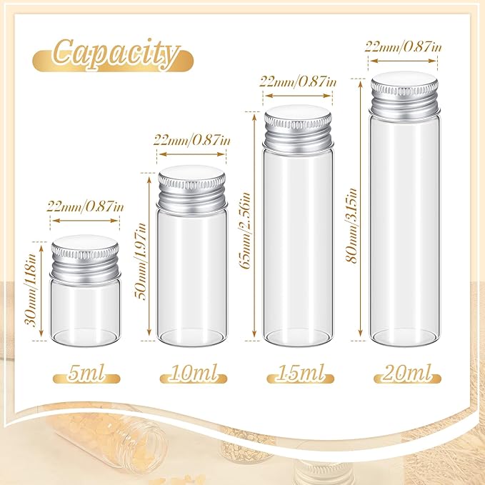 100 Pcs Small Clear Vials Spice Mini Jars with Lids Mini Glass Bottles with Screw Aluminum Metal Caps Tiny Jars Sample Containers for Powder Cream Cosmetic Jewelry Wedding (4 Size,Silver Caps)