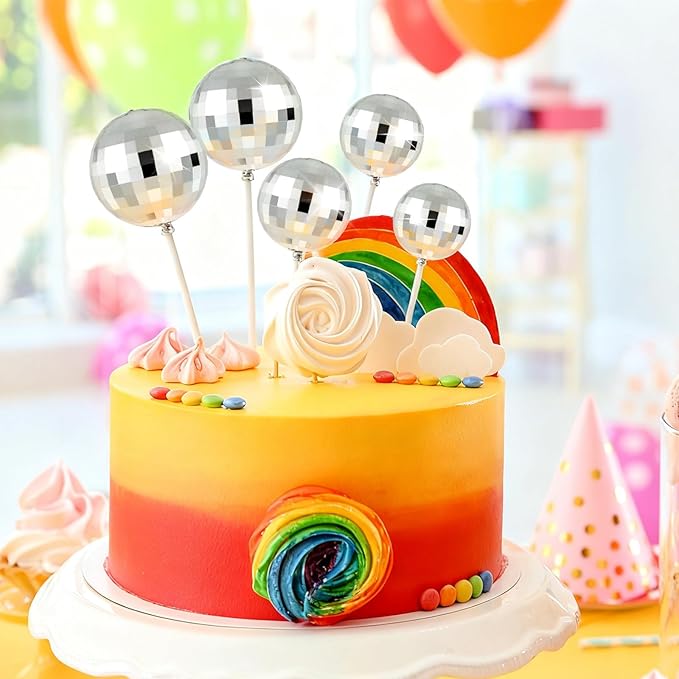 ASTARON 20 Pcs Disco Ball Cake Topper Decorations Sticks Silver Cake Balls Picks Toppers for Birthday Anniversary Disco Retired Theme Party Decorations