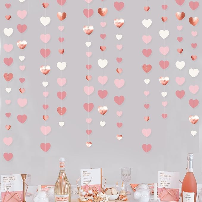 Rose Gold Party Decorations Dusty Pink Heart Garland Blush Pink Hanging Paper Streamer for Valentines Day Bridal Shower Birthday Anniversary Baby Shower Engagement Bachelorette Wedding Party Supplies