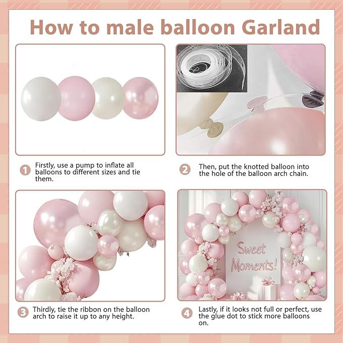Pearl Pink White Balloons Garland, Double Stuffed Pearl Pink Sand White Balloon Arch Kit Pastel Pink Beige Nude Ivory Balloons for Birthday Bridal Shower Wedding Party Decor