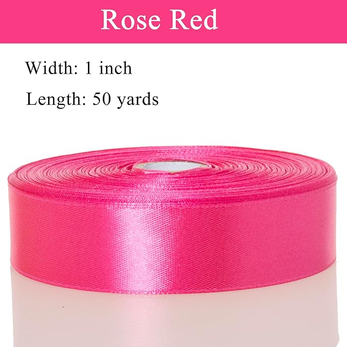 1 Inch Rose Red Solid Satin Ribbon, 50 Yards Craft Fabric Ribbon for Gift Wrapping Floral Bouquets Wedding Party Decoration