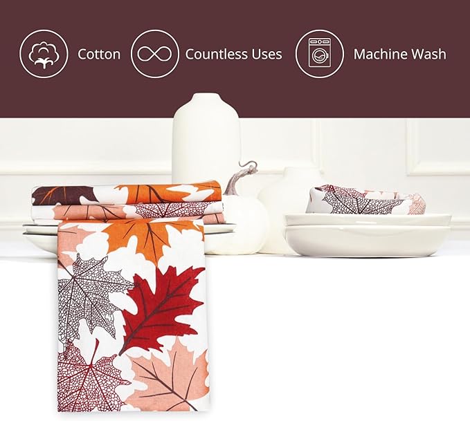 PurpleEssences Fall Harvest Decor Thanksgiving Napkins, 18x18 Fall Cloth Napkins Set of 6, 100% Cotton Autumn Fall Leaves Dinner Napkins for Farmhouse Kitchen, Maple Leaves