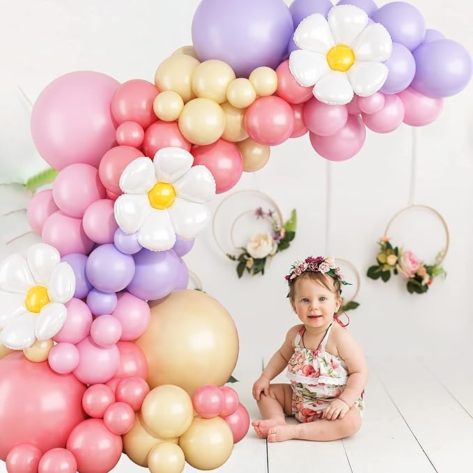 149Pcs Daisy Balloon Garland Arch Kit, Pastel Pink Purple Orange Matte Dusty Pink Boho Groovy Daisy Flower Latex Balloon Garland for Girls Women Bridal Baby Shower Wedding Birthday Party Decorations