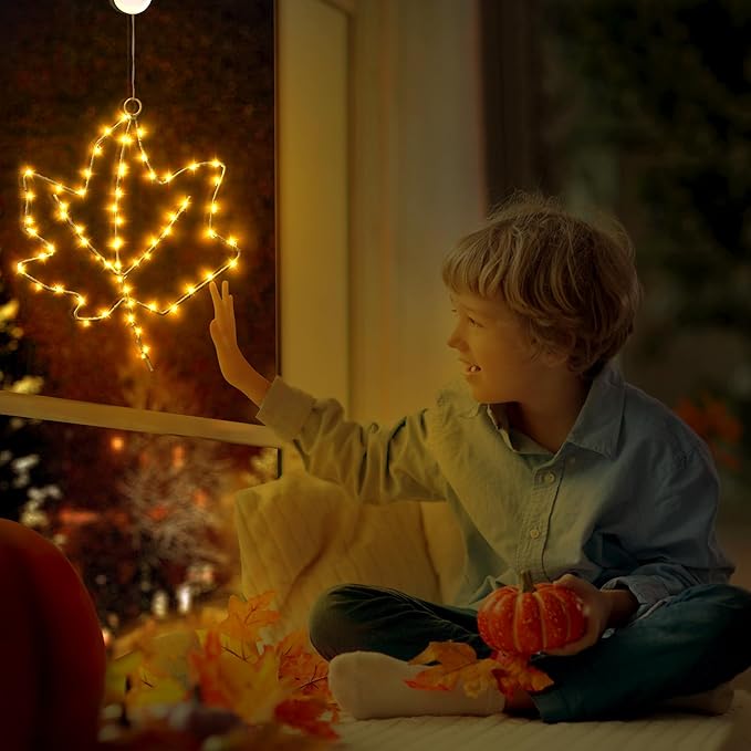 BlcTec Thanksgiving Decorations for Home 2 Pack 10Inch Maple Leaves Thanksgiving Window Lights with Suction Cups, Timer, Battery Operated Metal Frame Window Lights for Thanksgiving Decorations, Orange