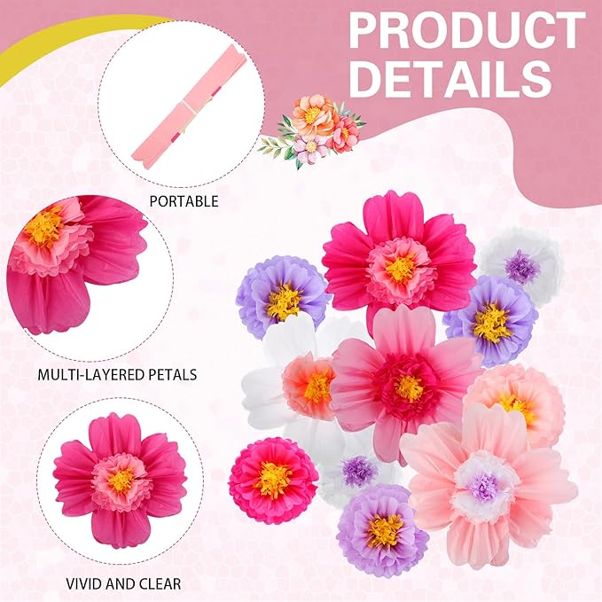 Crowye 24 Pcs Large Colorful Tissue Paper Flowers Decorations 20" Giant Fiesta Crepe Paper Flowers for Wall Decor Backdrop Mexican Wedding Birthday Baby Shower Carnival Party Craft (Bright Color)