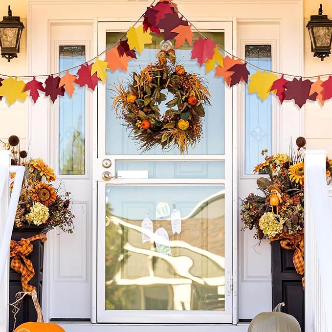Fall Maple Leaves Garland Fall Decorations for Home Autumn Leaves HangingMaple Leaf Banner Orange Yellow Leaf Decor for Fall Harvest Thanksgiving Party Home Fireplace Wall Decor-2Pcs