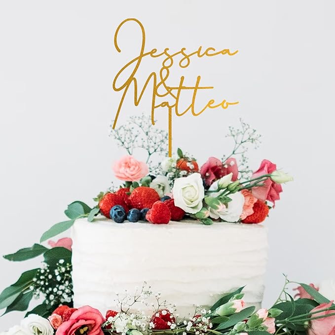 Noni Luxury Personalized Wedding Cake Topper with date and heart, Rustic Cake Topper, Mr and Mrs Cake Toppers for Wedding, Custom Cake topper, Custom Couples Script Cake Topper for Weddings