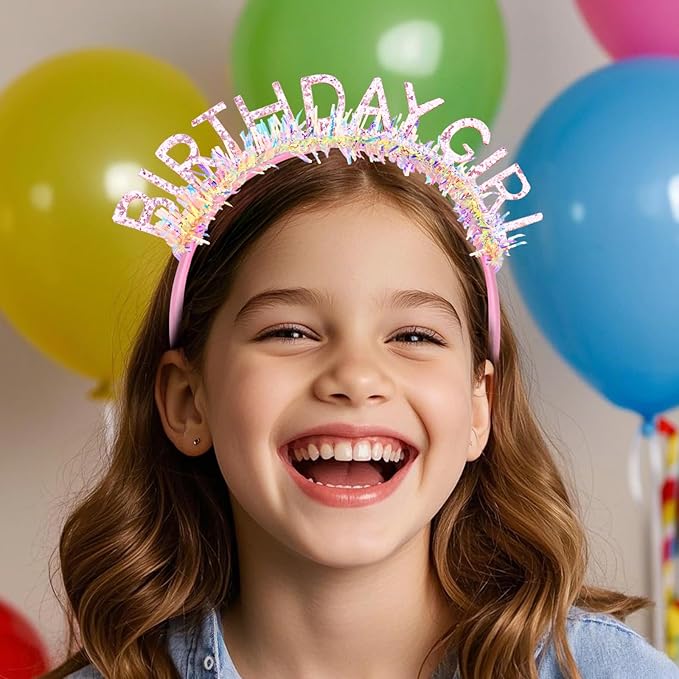 Jaciya Birthday Girl Glitter Headband for Women Girls Sparkling Pink Party Hair Accessories with Confetti Tinsel