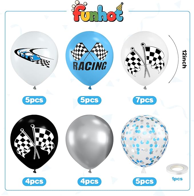 Race Car Balloons,12 Inch Checkered Flag Print Balloons and Blue Silver White Confetti Balloon for Boys Racing Car Birthday Baby Shower Fast Transportation Party Decorations
