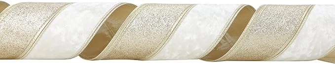 Ivory Velvet Wired Christmas Ribbon 4 Inch Extra Wide Thick Ivory and Gold Glitter Holiday Ribbon – 10-Yards Roll for Tree Decorations, Gift Wrapping, Wreaths, and DIY Crafts