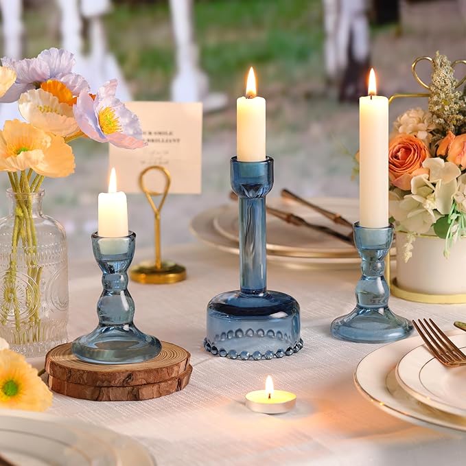 Circle Candlestick Holders Bulk, 6 Pcs Blue Combination Candle Holders Set, Crystal Candle Holders for Wedding, Table Centerpiece, Home Decoration