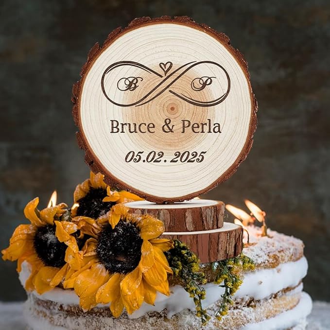 Rustic Wedding Cake Topper - Handmade Wood Slices, Personalized Infinity Love Cake Top, Personalized Engraved Initilas Names and Date, Anniversary Keepsake, Happy Birthday Wooden Decorations