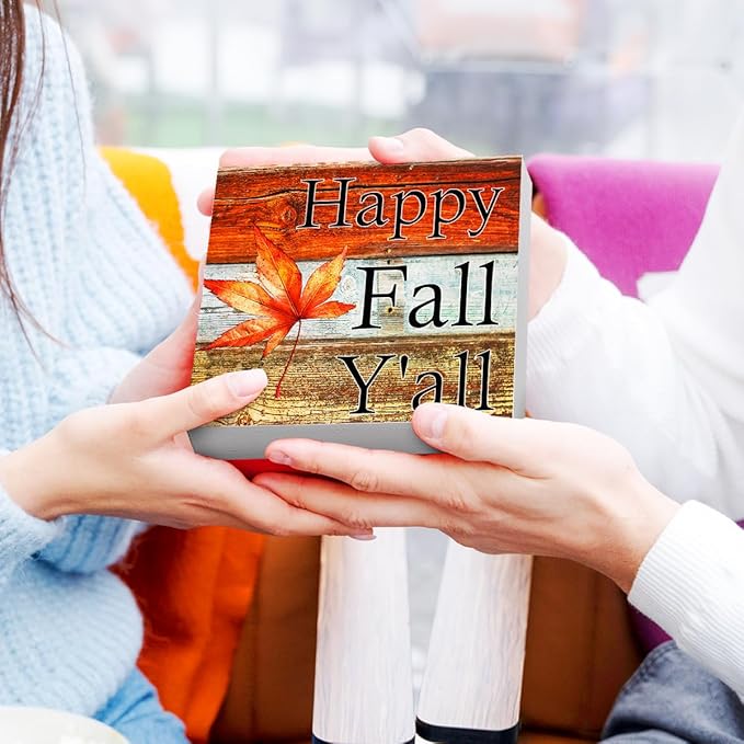 Funny Autumn Maple Leaves Wood Box Sign Happy Fall Y'all Wooden Block Desk Decor for Home Office Kitchen Cubicle Table Shelf Tabletop,Farmhouse Fall Sign Decor