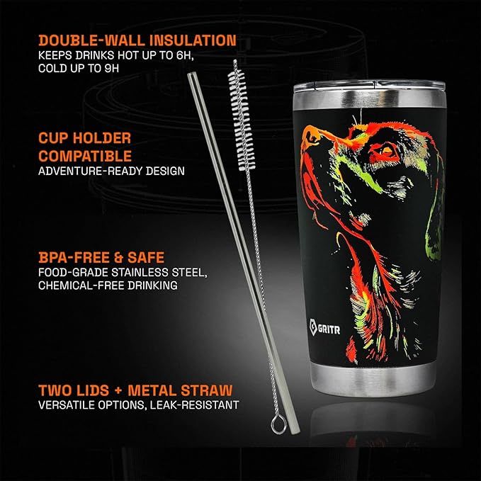 GRITR Stainless Steel Tumbler – 20oz/30oz, Insulated & Leakproof, Hot or Cold Drinks Anywhere, Travel Tumbler with Straw and Lids for Coffee, Water & Smoothies