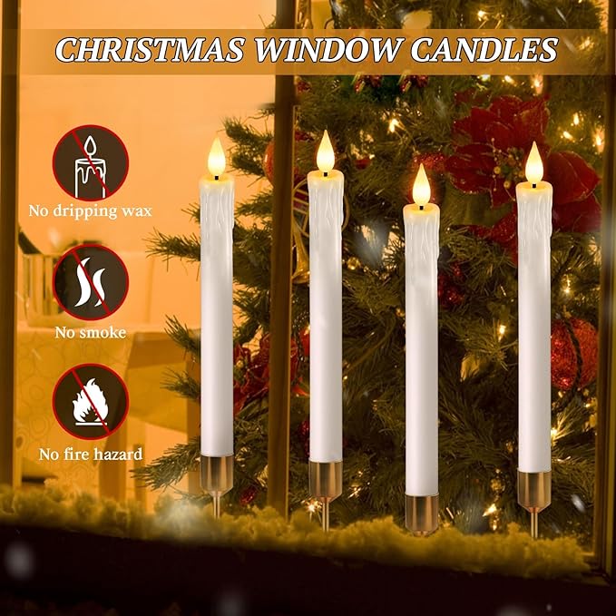 OCATO Flameless Candles with Remote Timer: 8 Pcs Battery Operated Window Candles 9.6" Real Wax LED Flickering Flameless Taper Candles 3D Wick Lights Halloween Christmas Wedding Party Decorations White