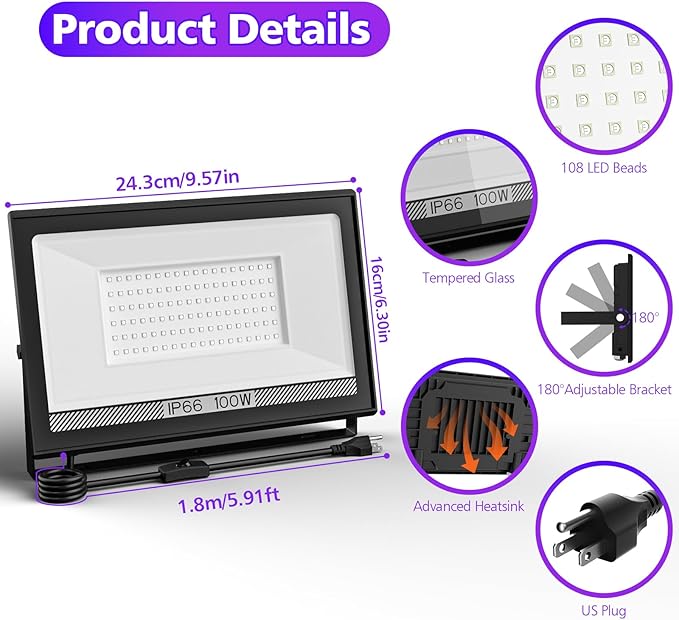 T-SUN 100W LED Black Lights, Blacklight Flood Lights with Plug, IP66 Waterproof Black Light for Glow Party, Halloween Decorations, Fluorescent Poster, Body Paint, Bedroom, Neon Glow, Aquarium