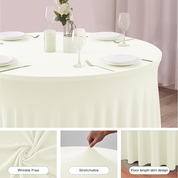 HolidayIdeas 60 Inch Beige Spandex Round Table Skirts,Fitted Stretch Tablecloths for Round 5 ft Table, Wrinkle-Free Ruffle Design Tablecloths for Banquets,Wedding,Trade Shows, Parties, Events, 6 Pcs