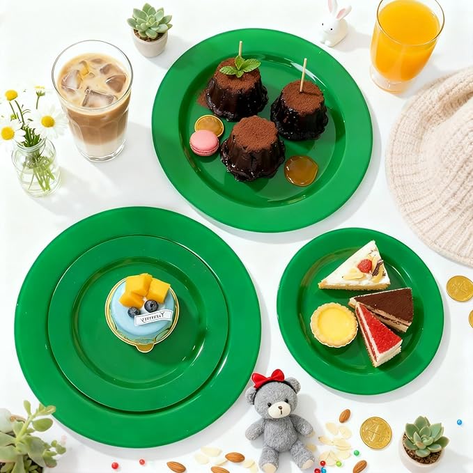 MENDENG 50PCS Green Plastic Plates for Party, 25x10.25 Dinner Plates & 25x7.5 Dessert Plates, Heavy Duty Disposable Plastic Plates for Party Birthday Christmas